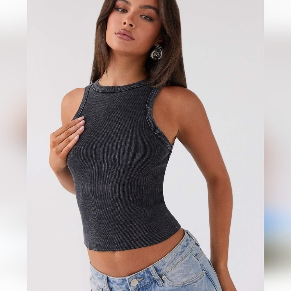 Sugarkiss Y2K Womens Grey Acid Ribbed Crop Tank Top Size Large